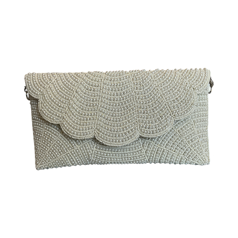 Pearl Beaded Clutch w/ Envelope Scallop Flapover